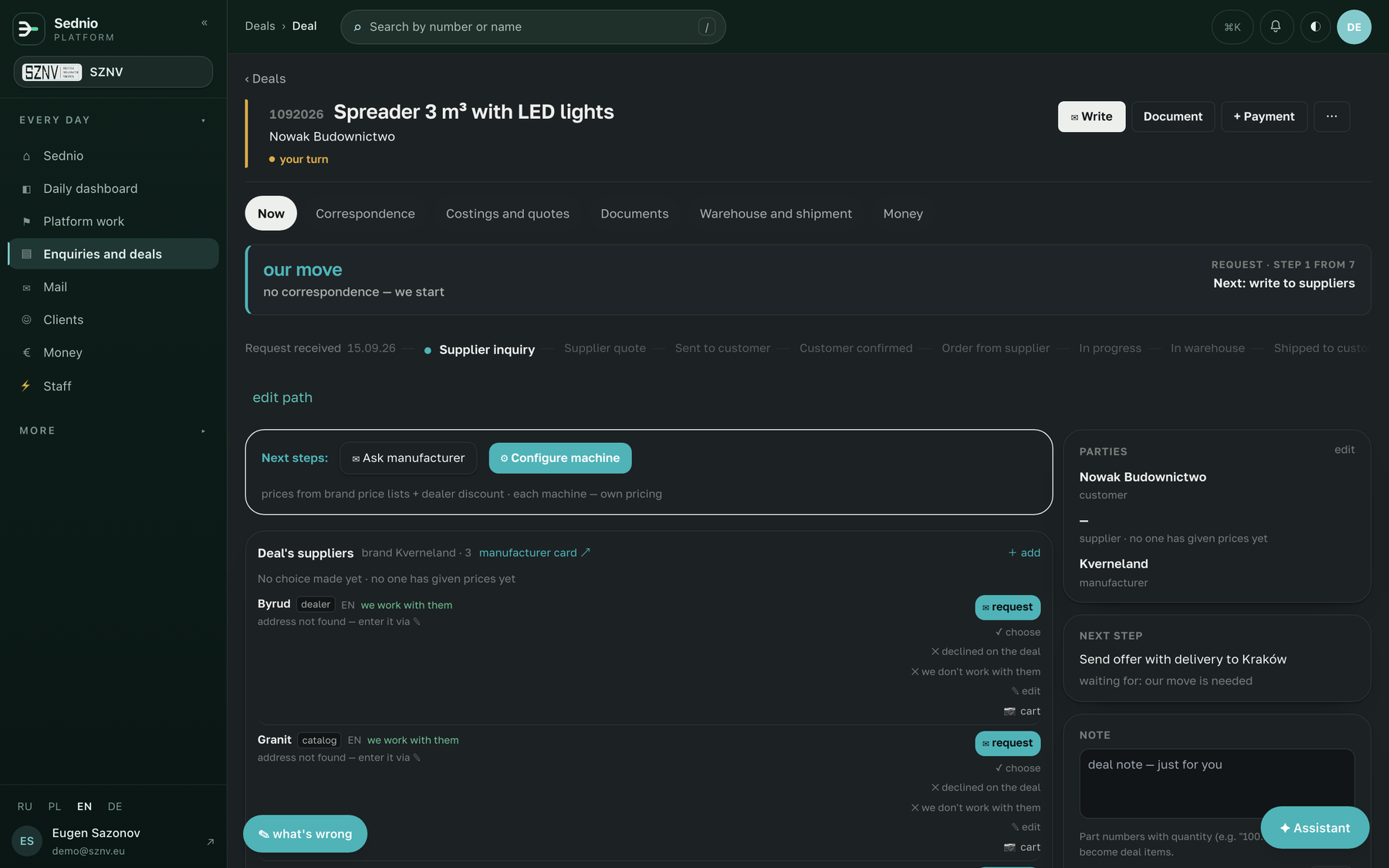 Sednio: the deal card with next step, suppliers and parties. Demo data.